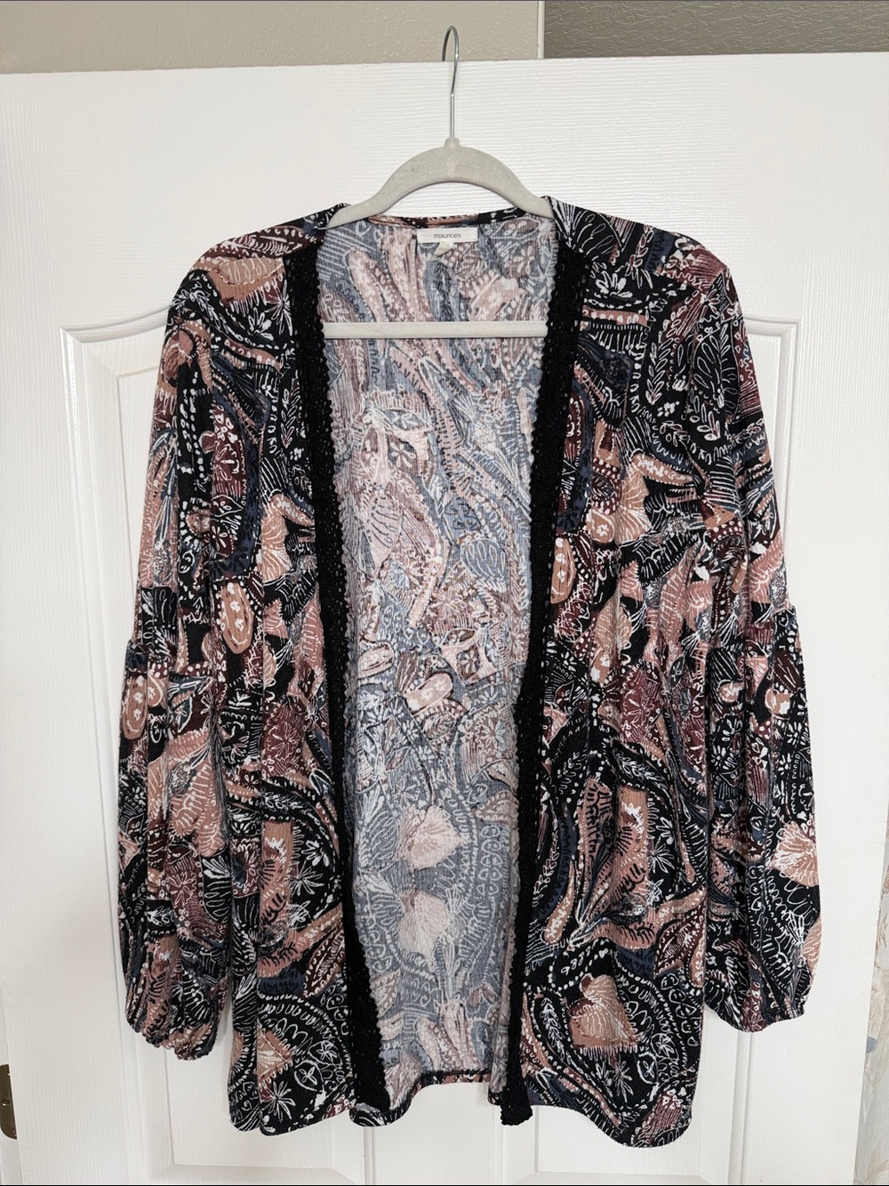Maurices Black and Blush Paisley Open-Front Cardigan